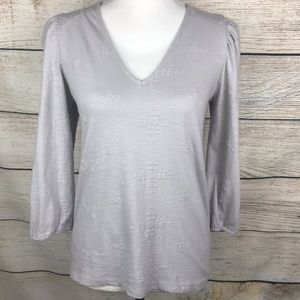 Lucky Brand casual top gray 3/4 sleeve embroidered v-neck